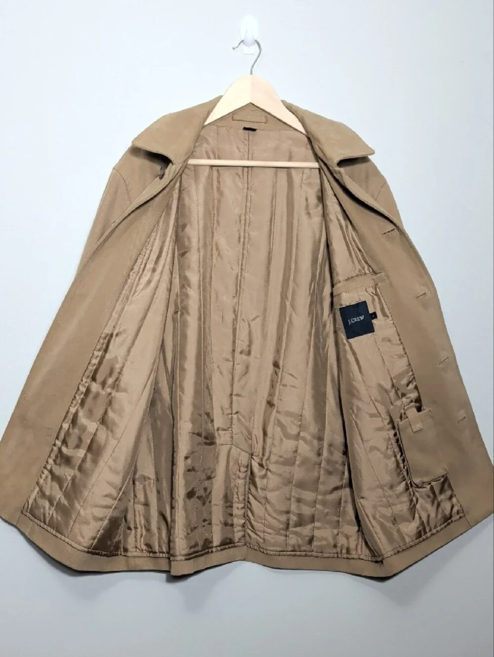 Vtg 90's J.Crew Mens Classic Tan Button-Up Coat Mid Length Minimal Preppy Large